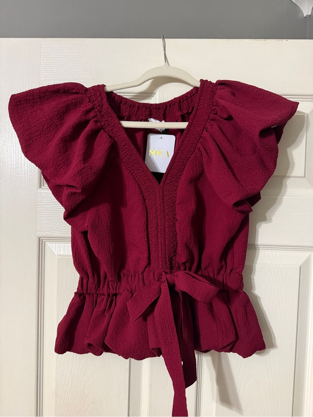 Women's Deep Wine Ruffle-Sleeve V-Neck Blouse with Self-Tie Waist